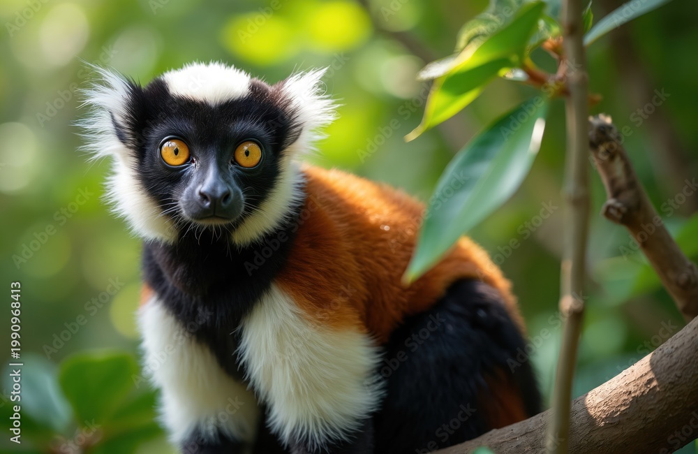 Naklejka premium Red ruffed lemur sits on branch in green forest. Cute primate with bright yellow eyes looks directly forward. Animal is in natural habitat outdoor. Wildlife photo.