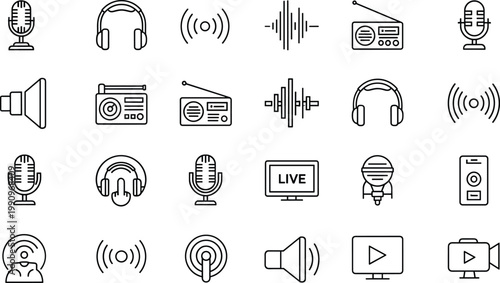 Professional Audio Studio Icon Set with Live Streaming Symbols Retro Microphones Radio Receivers and Sound Wave Graphics