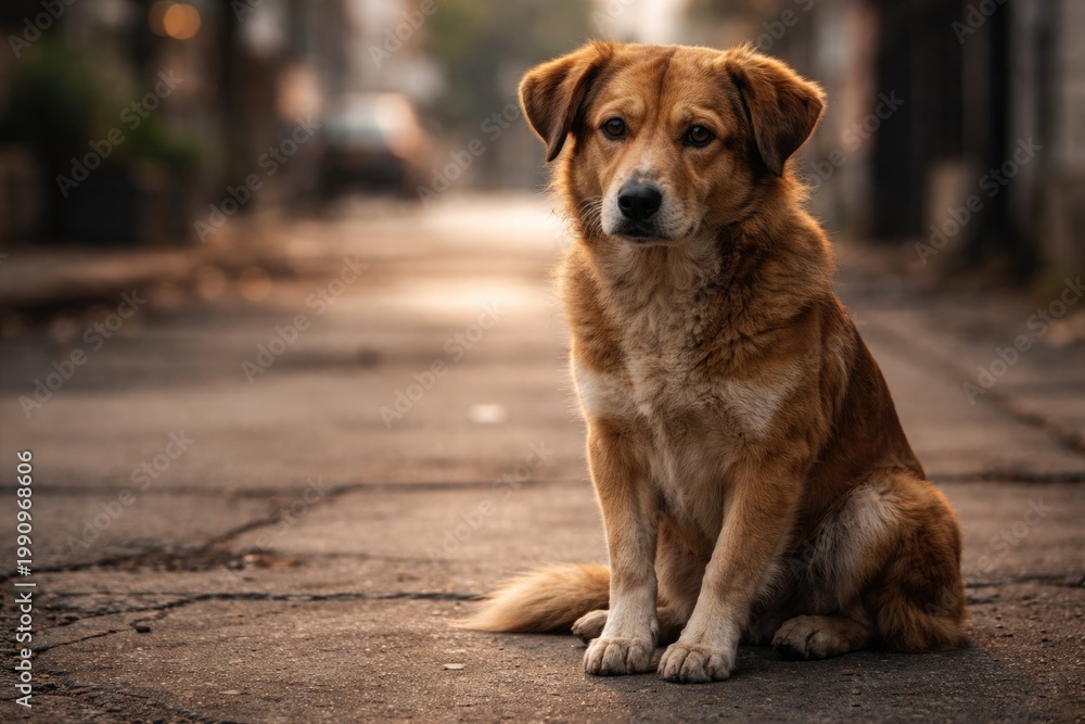 Obraz premium Lonely stray dog sitting quietly on cement surface waiting for love