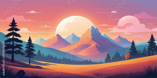 Sunrise and sunset over beautiful mountains with clouds and mist