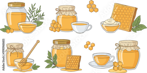 Honey Food Vector Set with Jars, Honeycomb, Dipper, and Tea Cup Illustrations for Organic Product Packaging, Natural Sweetener Design, and Beekeeping Graphics