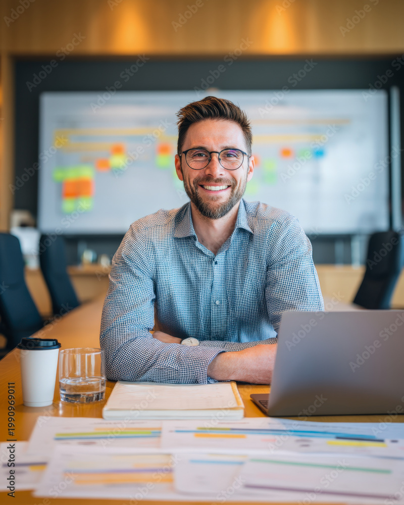 Fototapeta premium Project manager seated at conference table with laptop and wall timeline chart behind
