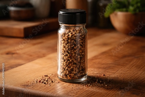 Seasoning bottle resting on natural grain wooden countertop