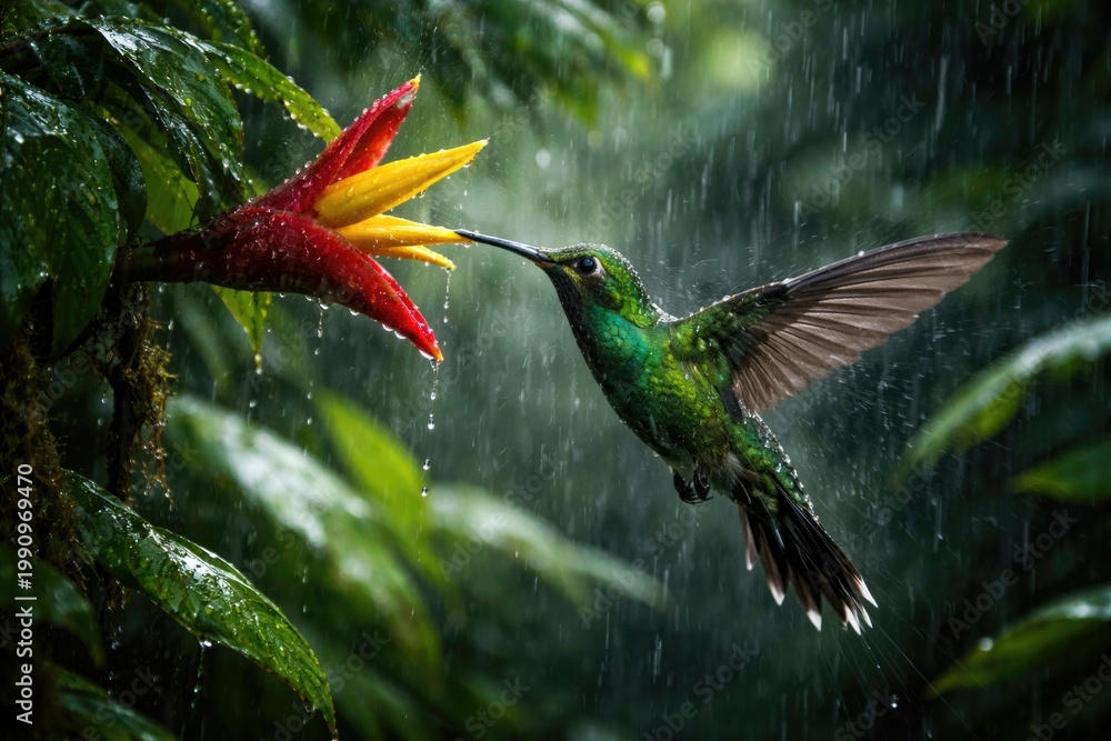 Fototapeta premium Vibrant Green Hermit hummingbird feasting energetically during heavy rain in a dense tropical rainforest