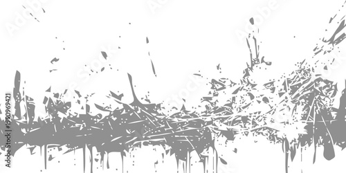 Abstract energetic particle burst and debris texture in grey on white background for dynamic graphic design and high impact digital art compositions needing a sense of movement or fragmentation