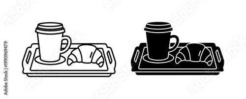 Coffee Cup and Croissant on Tray Icon Set