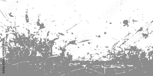 Abstract shattered debris and explosive particle texture in grey on white background for high energy graphic design and dynamic digital art compositions requiring a fragmented or burst aesthetic