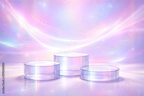 Empty stage with white glass podium trio against a pastel holographic neon background perfect for makeup display