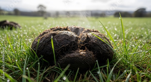 Close-up of fresh steaming animal manure in a green grassy meadow with morning dew