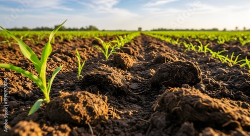 Close-up of young green corn sprouts growing in a field of fertile dark soil during the planting season