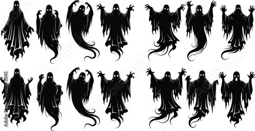 Spooky Halloween ghost silhouette set with scary flying creepy black phantom shapes and different haunting poses on white background