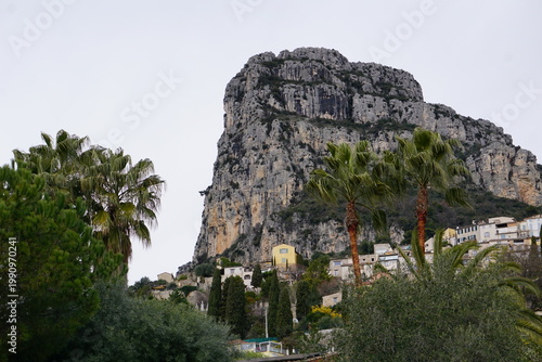 panoramic view of the town of  st jeannet, southern france with the rocky cliff
