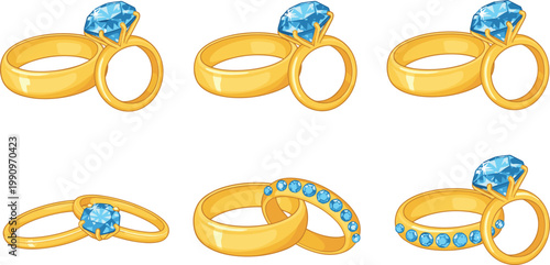 Vector illustration of gold rings with blue gemstones in various styles including bands, prong settings, and embedded designs
