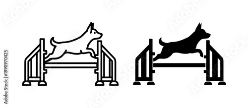 Dog Agility Training Icon Set Jumping Over Hurdle
