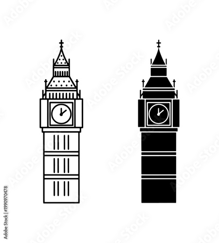 Big Ben London Clock Tower Outline and Silhouette Icon Set