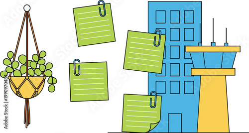 Vector illustration of hanging plant, sticky notes and urban building in decorative office design