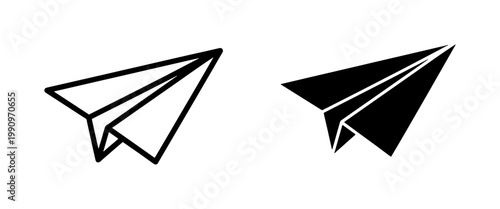 Paper plane outline and solid black icon set