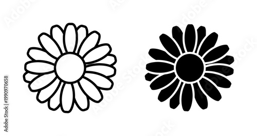 Daisy Flower Outline and Solid Black Silhouette Icons