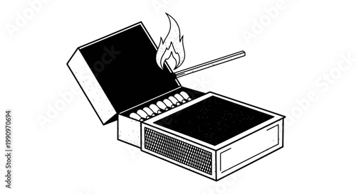 A black and white illustration of a matchbox with a lit match.