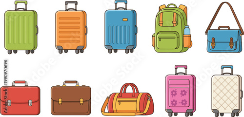 Vector illustration of luggage and travel bags including suitcases, backpacks, briefcases and duffel in colorful design