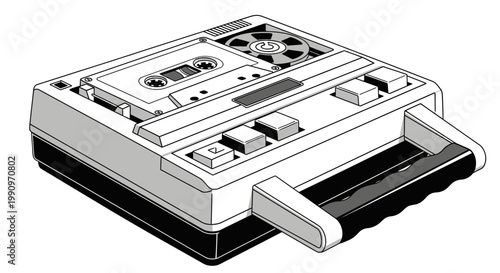 Retro Cassette Player or Walkman Device Outline Illustration on Isolated White Background