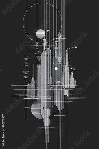 Abstract Cityscape With Geometric Shapes Floating On Black Background For Futuristic Concepts