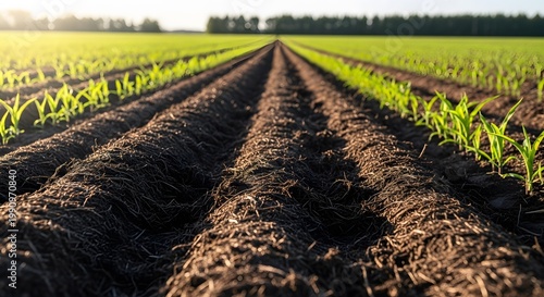 Rows of young green corn sprouts growing in a fertile agricultural field at sunset