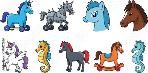 Cute cartoon horse and unicorn character set with toy horse, robot, rocking horse, seahorse, pony, and pegasus on white background