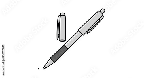 Modern Pen with Detached Cap Outline Illustration on Isolated White Background
