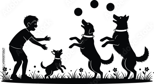 Vector illustration of person playing with dogs in silhouette with balls, grass and flowers in outdoor design