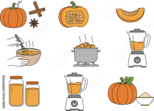 Vector illustration of pumpkin puree preparation with ingredients, cooking tools and soup design