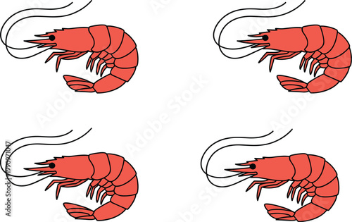 Vector illustration of red shrimp pattern arranged in grid with segmented bodies, antennae, and legs