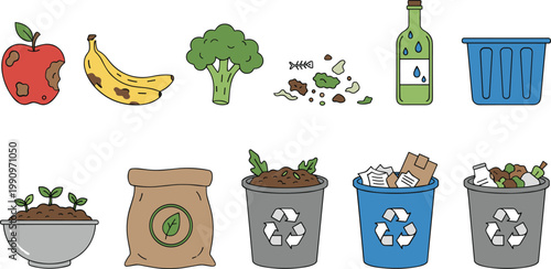Vector illustration of recycling and waste sorting with compost, bins, food scraps, bottles and containers in eco design