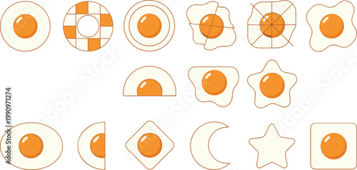 Vector illustration of stylized fried eggs in geometric shapes and abstract forms with yolk and egg white design