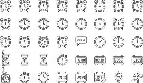 Vector illustration of time management icons including clocks, hourglasses, calendars and stopwatches in productivity design
