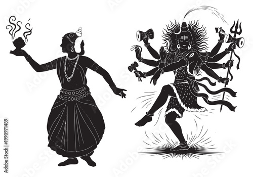 Shiva dancing Tandava, female dancer. Hindu deities, powerful figures, black silhouette. Indian art.