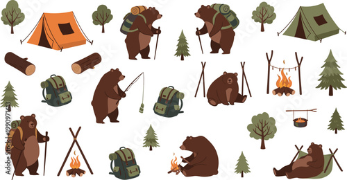 Bear camping and hiking activities set with tents, campfire and outdoor gear illustrated in flat nature style