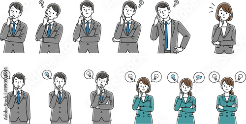 Business man and woman cartoon character set with thinking, questioning, and idea poses in office suit on white background
