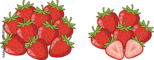 Vector illustration of whole and sliced strawberries with leafy tops showing fresh fruit texture and color