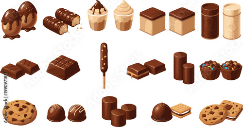 Vector illustration of assorted chocolate desserts including bars, truffles, mousse and cookies in sweet design