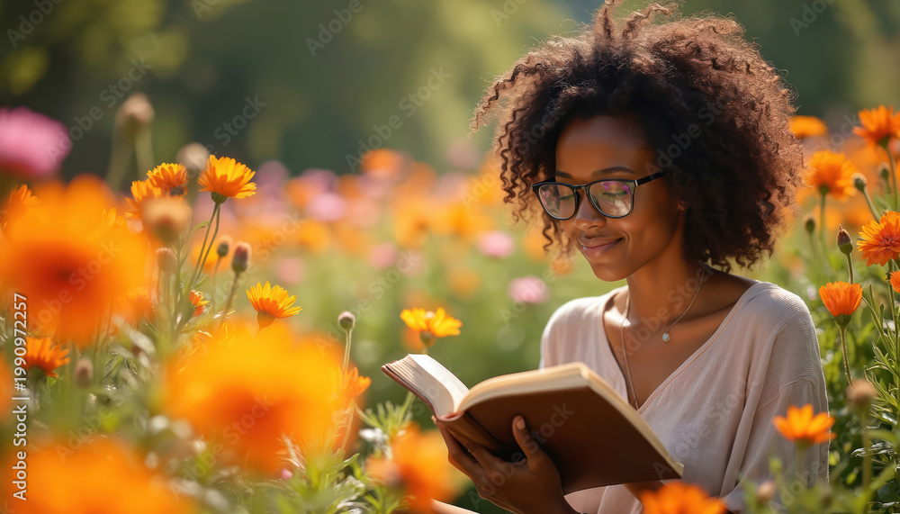 Fototapeta premium Young Black woman with glasses reads book in vibrant orange flower garden. She enjoys peaceful outdoor activity, escaping into literature amidst nature, feeling calm and happy in summer sun.