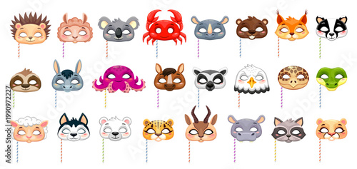 Cute animal mask set for kids, colorful cartoon faces including bear, owl, cat, fox and more, isolated on white background
