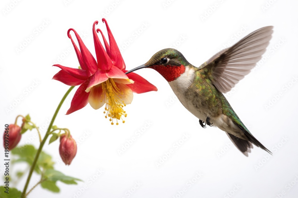 Fototapeta premium Closeup of ruby throated hummingbird hovering above a vivid red columbine flower against a clean white backdrop