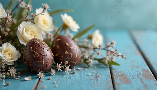Two ornate chocolate Easter eggs rest near white roses and delicate blossoms on a blue wooden table. This artful confectionery arrangement suggests spring celebration and sweet indulgence.