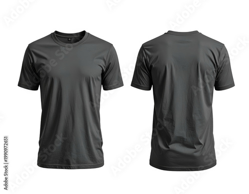 Two plain, dark gray t-shirts, front and back views