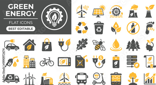 Green energy solid icon set featuring renewable solar wind power, ecology sustainability nature, recycling eco environment, and clean alternative electric editable vector icons.