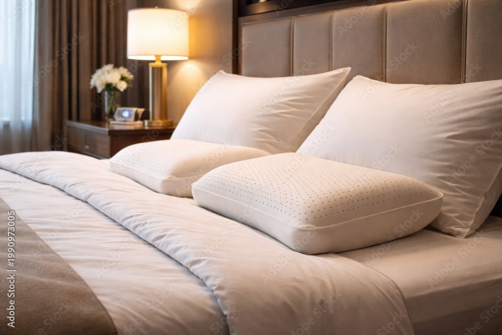 Obraz premium Hotel room showcasing clean pillowcases on ergonomic latex memory foam pillows for restful relaxation