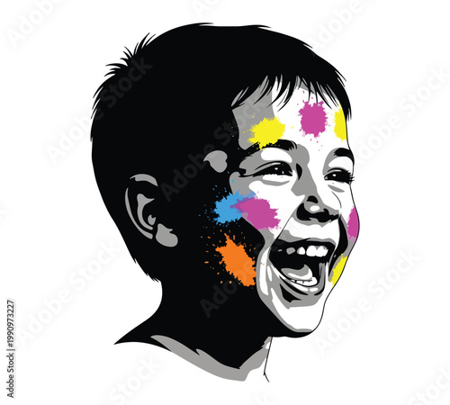 Close-up portrait of a cheerful boy with colorful Holi powder splattered on his face and smiling widely. Vibrant festive mood.