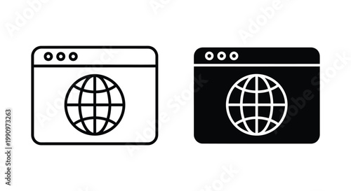 Global network web browser window icon set in outline and solid black vector design