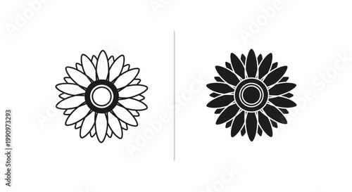Decorative sunflower bloom icon set in outline and solid black vector illustration
